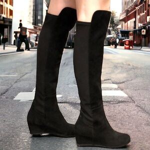 Stuart Weitzman Luxury Classic Black Suede Leather & Neoprene Stretch Calf Boots